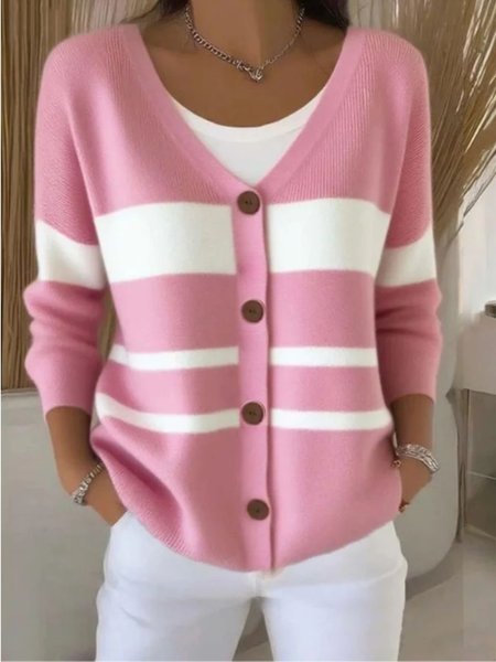 

Women Cotton Colorblock Long Sleeve Comfy Casual Cardigan, Pink-white, Cardigans