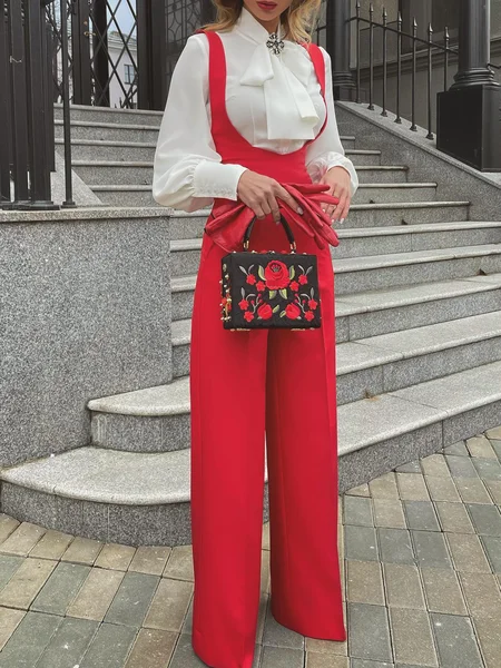 

Elegant Plain U-Neck Overall Bib Pants, Red, Jumpsuits