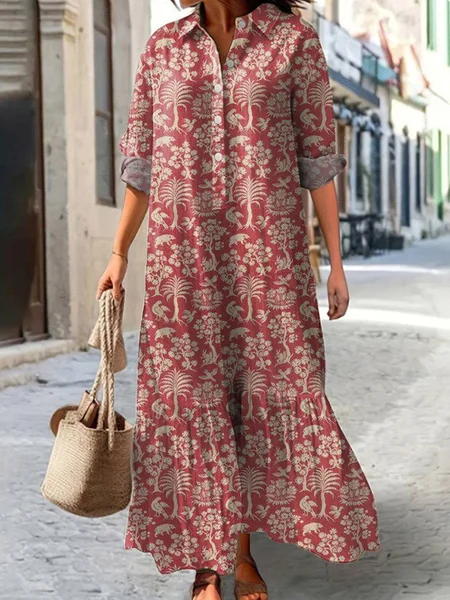 

Women Floral Spring/Fall Dress V Neck Long Sleeve Shirt Dress A-Line Dress, Red, Maxi