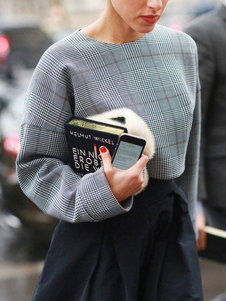 

Urban Plaid Crew Neck Raglan Sleeves Blouse, Gray, Blouses and Shirts