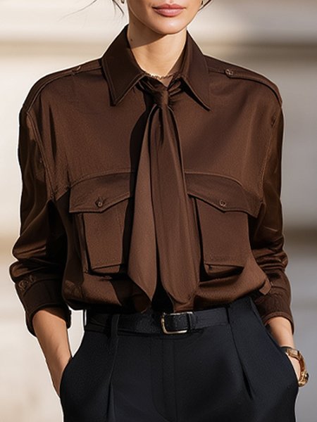 

Urban Plain Tie Shirt Collar Pockets Shirt, Brown, Blouses and Shirts