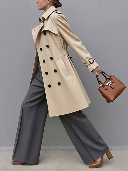 

Urban Buttoned Plain Shirt Collar Trench Coat With Belt, Khaki, Trench Coats
