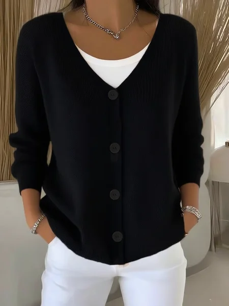 

Women's Casual V-Neck Button Long Sleeve Cardigan, Black, Sweaters & Cardigans