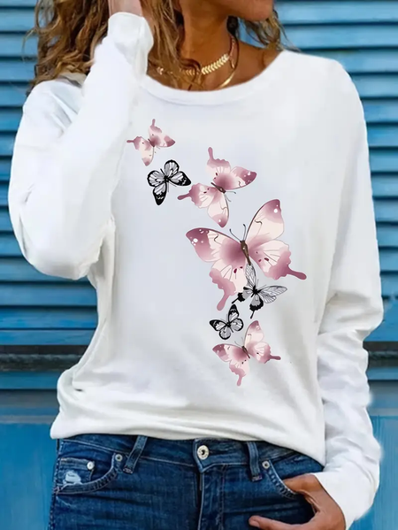 Women Butterfly Long Sleeve Tee T-shirt Crew Neck Printing Casual Spring/Fall Graphic Tee Top