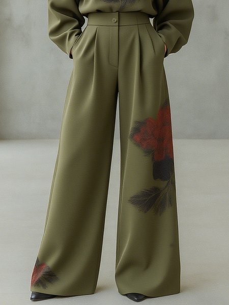 

Urban Floral Printing Fashion Wide Leg Pants, Green, Pants