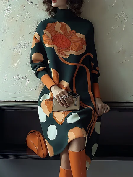 Urban Floral Printing Mock Neck Knee Length Dress