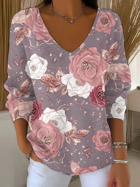 

Women Floral Long Sleeve Tee T-shirt V Neck Printing Casual Spring/Fall Top, Pink, T-Shirts