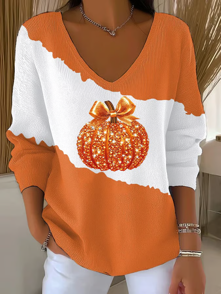 

Women Halloween (pumpkin) Long Sleeve Tee T-shirt V Neck Printing Casual Spring/Fall Top, Orange, T-Shirts