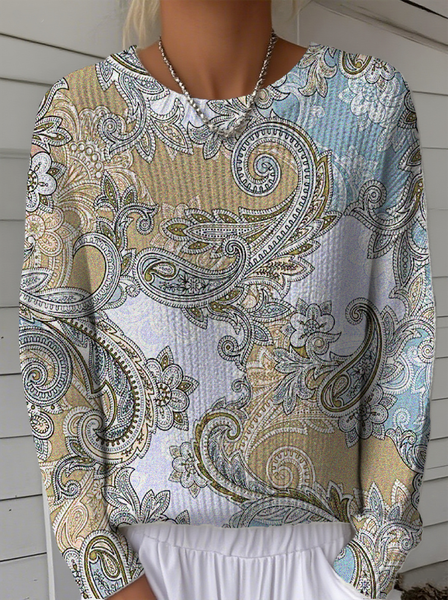 

Women Paisley Long Sleeve Comfy Vintage Sweater, Khaki, Sweaters