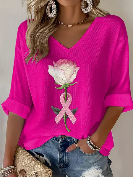 

Casual Floral V Neck Three Quarter Sleeve T-shirt, Rose red, T-shirts