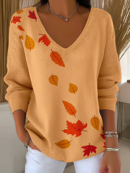 

Women Maple Leaf Long Sleeve Tee T-shirt V Neck Printing Casual Spring/Fall Top, Orange, T-Shirts