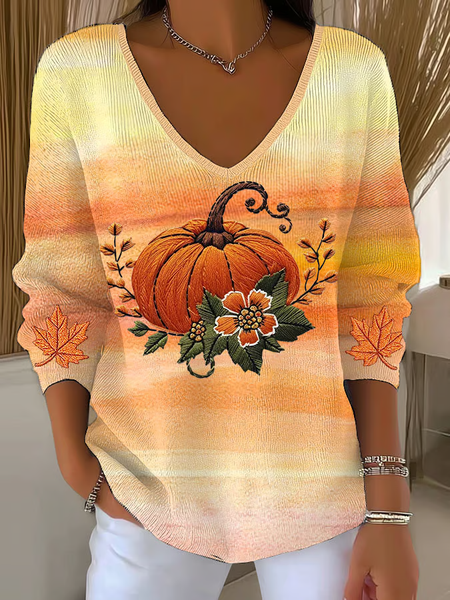 

Women Maple Leaf Long Sleeve Tee T-shirt V Neck Printing Casual Spring/Fall Top, Orange, T-Shirts