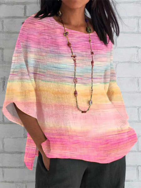 

Shawl Collar Half Sleeve Striped Regular Loose Blouse For Women, As picture, Blouses