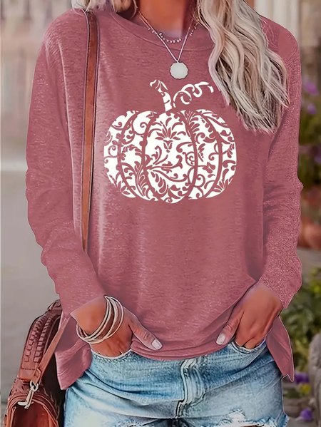 

Women Halloween (pumpkin) Long Sleeve Tee T-shirt Crew Neck Printing Casual Spring/Fall Graphic Tee Top, Pink, T-Shirts