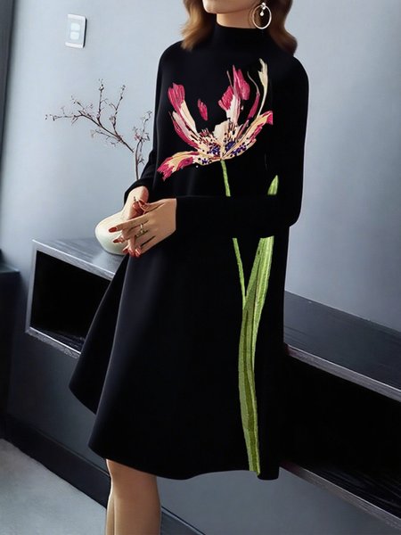 

Casual Floral Printing Stand Collar Knee Length Dress, Black, Midi Dresses
