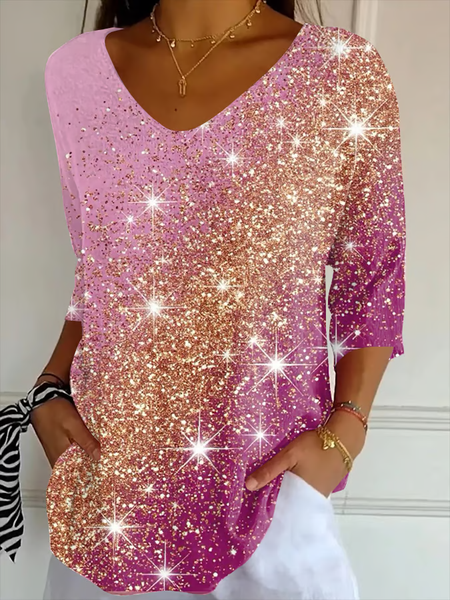 

Vintage Geometric Crew Neck Three Quarter Sleeve T-shirt, As picture, T-shirts