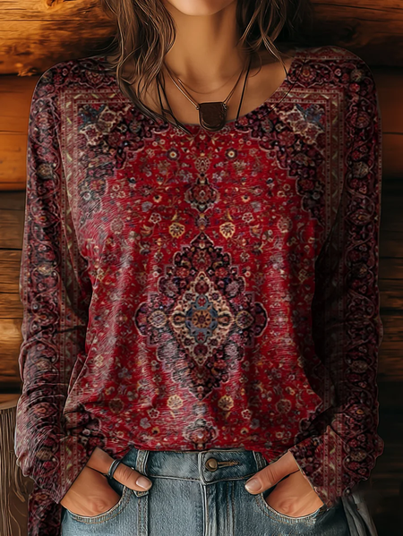 

Women Ethnic Long Sleeve Tee T-shirt Crew Neck Printing Casual Spring/Fall Graphic Tee Top, Wine red, T-Shirts