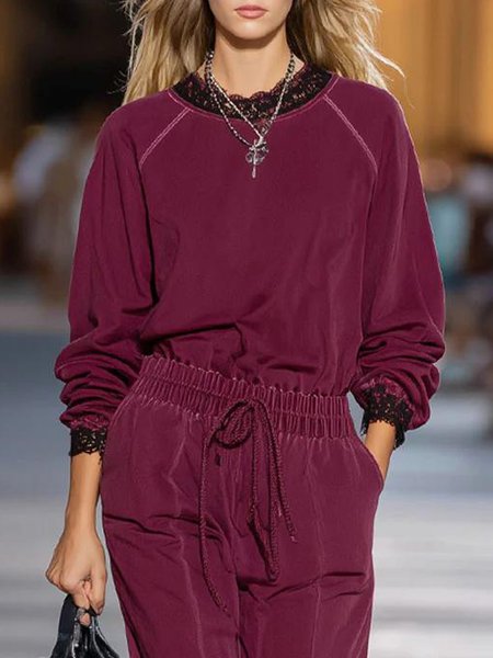 

Casual Plain Lace Edge Crew Neck Raglan Sleeve Sweatshirt, Fuchsia, Hoodies and Sweatshirts