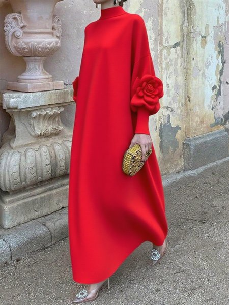 

Elegant Plain Balloon Sleeve 3D Floral Turtleneck Maxi Sweater Dress, Red, Maxi Dresses