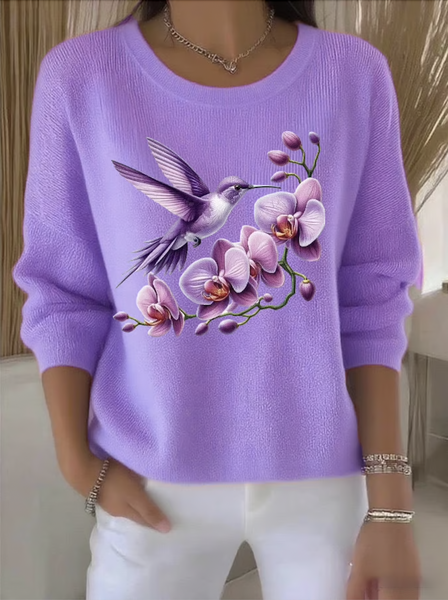 

Women Cotton Floral Long Sleeve Comfy Vintage Sweater, Light purple, Sweaters