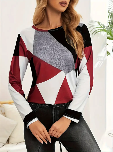 

Women Abstract Long Sleeve Tee T-shirt Crew Neck Printing Casual Spring/Fall Graphic Tee Top, Red, T-Shirts