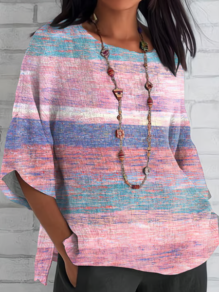 

Shawl Collar Half Sleeve Striped Regular Loose Blouse For Women, As picture, Blouses