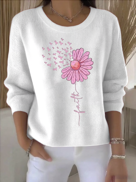 

Women Cotton Floral Long Sleeve Comfy Vintage Sweater, White, Sweaters