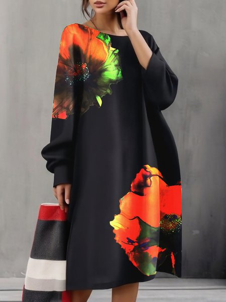 

Casual Floral Printing Crew Neck Midi Dress, Black, Midi Dresses
