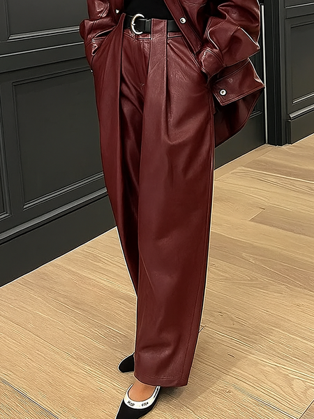 

Casual Plain Faux Leather Pants, Wine red, Pants