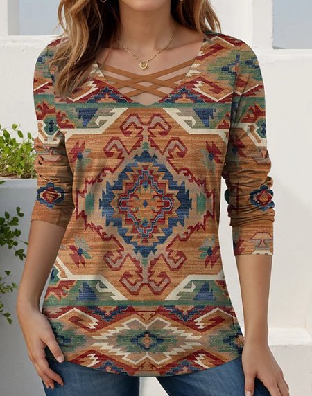 

Casual Geometric V Neck Long Sleeve T-shirt, Brown, T-shirts