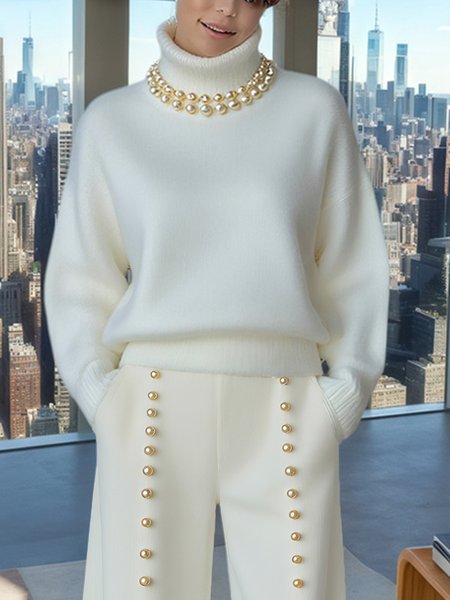 Casual Plain Turtleneck Loosen Sweater With Choker