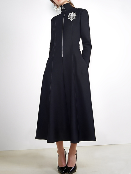 

Urban Plain Stand Collar Midi Dress With Brooch, Black, Midi Dresses