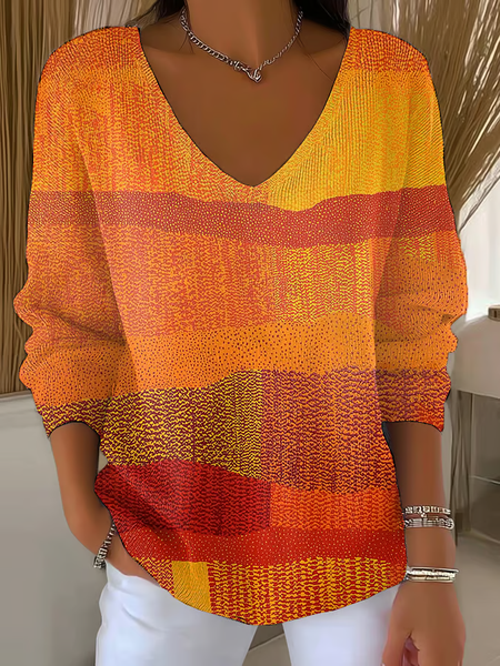 

Women Abstract Long Sleeve Tee T-shirt V Neck Printing Casual Spring/Fall Top, Orange, T-Shirts