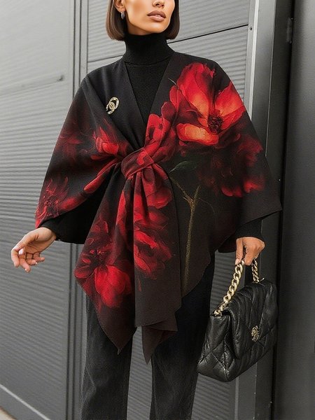 

Casual Floral Cross Neck Raglan Sleeve Sweater Cardigan, Black-red, Cardigans