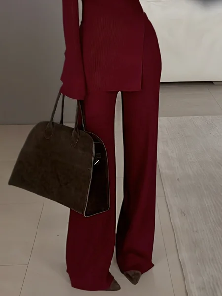 

Casual Plain Wide Leg Pants, Red, Pants