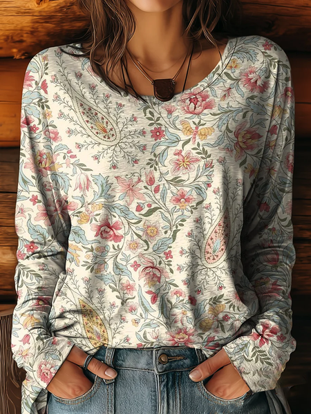 

Women Floral Long Sleeve Tee T-shirt Crew Neck Printing Casual Spring/Fall Graphic Tee Top, Apricot, T-Shirts