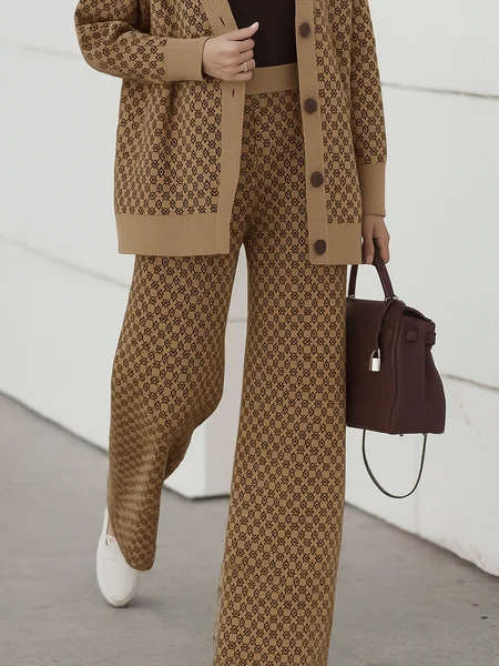 

Casual Geometric Wide Leg Pants Sweater Pants, Brown, Pants
