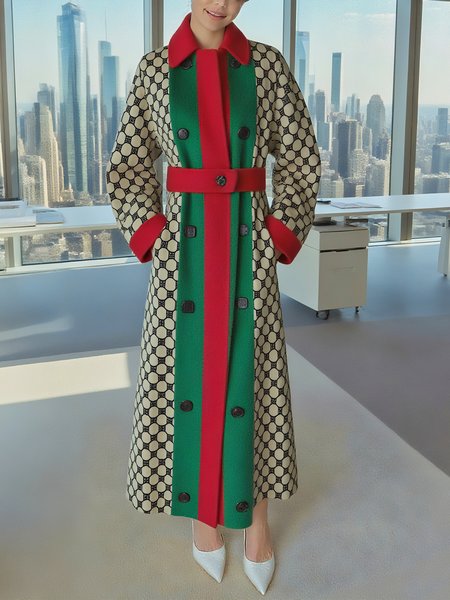 

Urban Split Joint Color Block Shawl Collar Coat With Belt, As picture, Coats