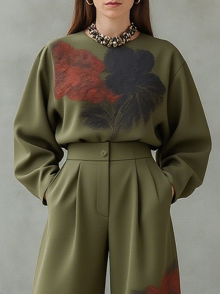 

Urban Floral Printing Crew Neck Blouse, Green, Blouses and Shirts