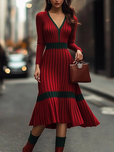 

Elegant Color Block V Neck Midi Sweater Dress, Red, Midi Dresses