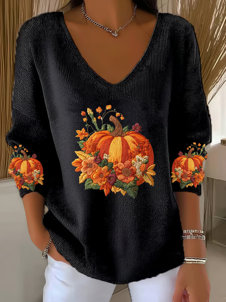 

Women Floral Long Sleeve Tee T-shirt V Neck Printing Casual Spring/Fall Top, Black, T-Shirts