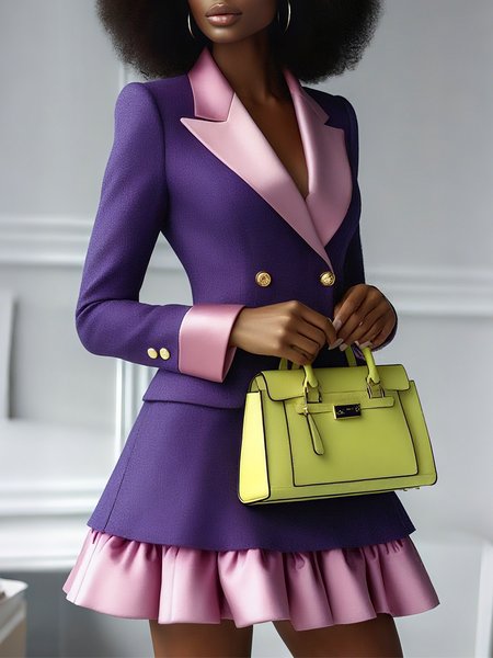 

Elegant Shoulder Pad Color Block Lapel Collar Blazer, Purple, Blazers