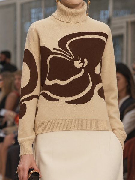 

Casual Floral Turtleneck Raglan Sleeves Sweater, As picture, Pullovers