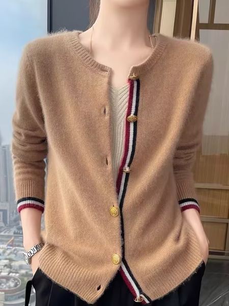

Casual Color Block Crew Neck Cardigan, Brown, Cardigans
