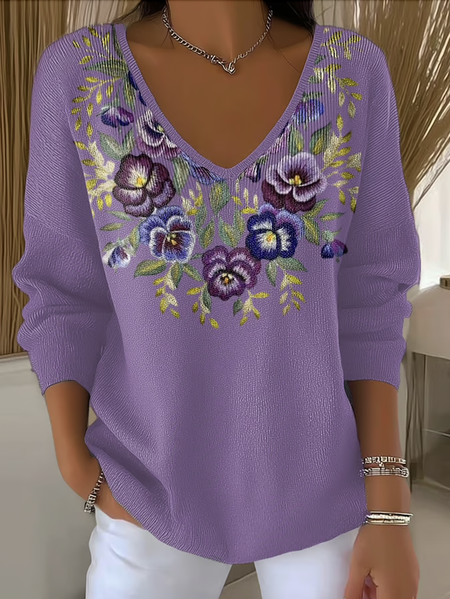 

Women Cotton Floral Long Sleeve Comfy Casual Sweater, Light purple, Sweaters