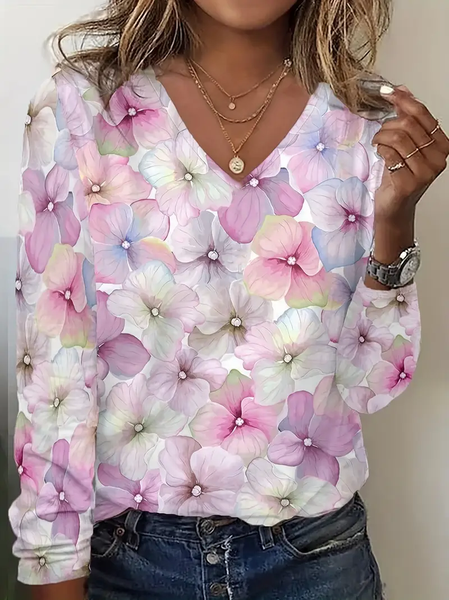 

Women Floral Long Sleeve Tee T-shirt V Neck Printing Casual Spring/Fall Graphic Tee Top, Pink, T-Shirts
