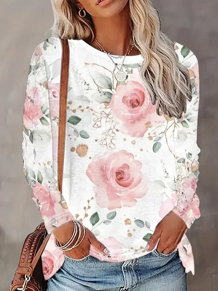 

Women Floral Long Sleeve Tee T-shirt Crew Neck Printing Casual Spring/Fall Graphic Tee Top, White, T-Shirts