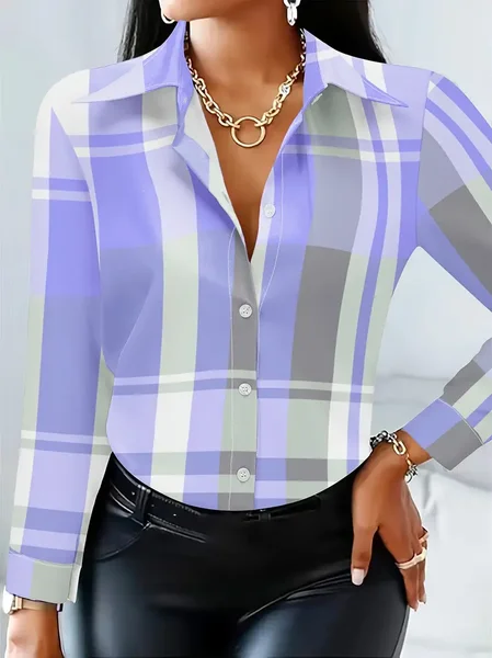 

Women Plaid Long Sleeve Shirt Spring/Fall Buckle Shirt Collar Regular Sleeve Daily Casual Top, Purple, Shirts