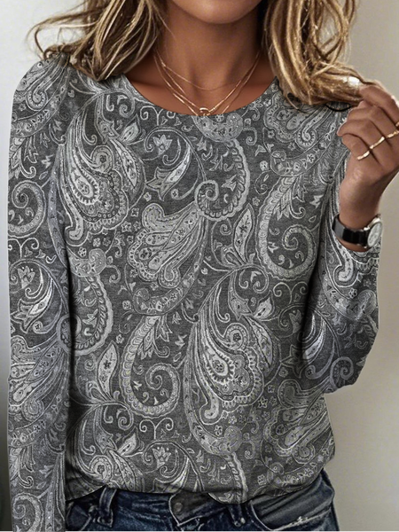 

Women Paisley Long Sleeve Tee T-shirt Crew Neck Vintage Spring/Fall Top, Gray, T-Shirts