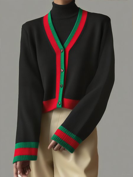 

Casual Daily Color Block V Neck Cardigan, Black, Cardigans